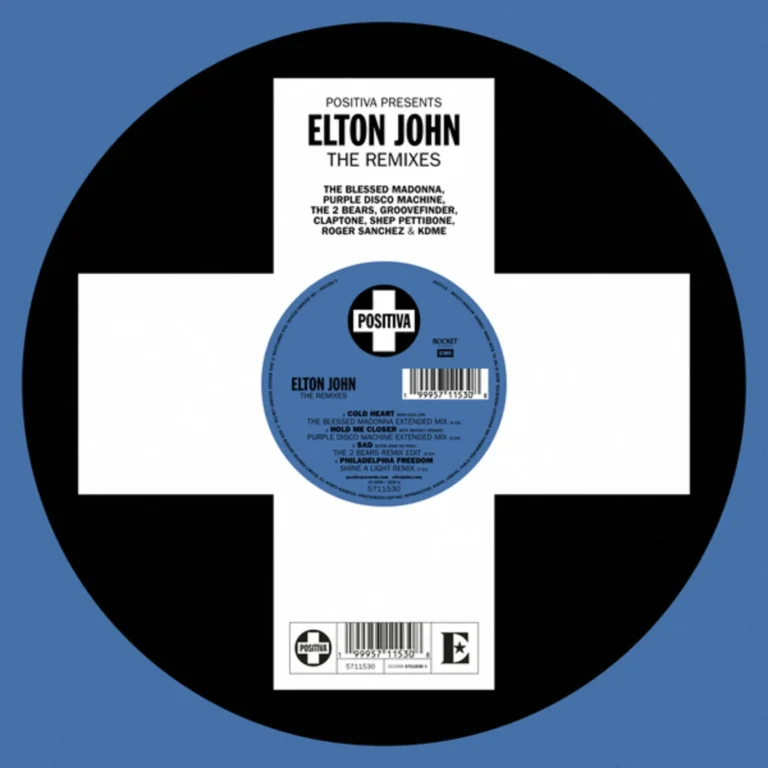 Album cover for Elton John: The Remixes, with a blue background and a black cross inside a white circle motif, and a blue vinyl label at center