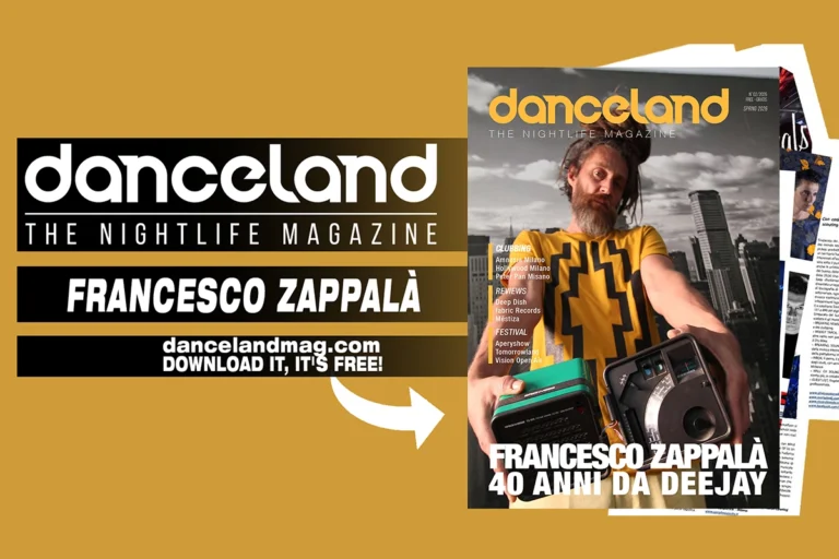 Cover of Danceland magazine featuring a bearded man in a yellow shirt holding a boombox against a city skyline on a mustard background.