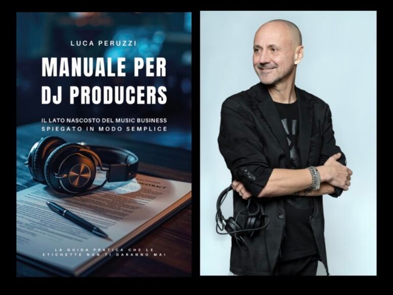 Left panel: book cover titled 'Manuale per DJ Producers' with headphones on a notebook and pen; Italian subtitle visible.