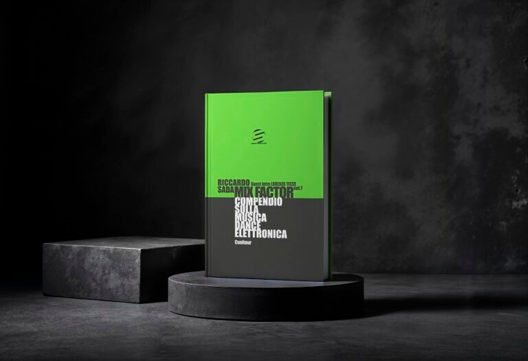 Green and black hardcover book on a circular pedestal in a dark studio, showcasing 'Mix Factor' and music/dance content on the cover.