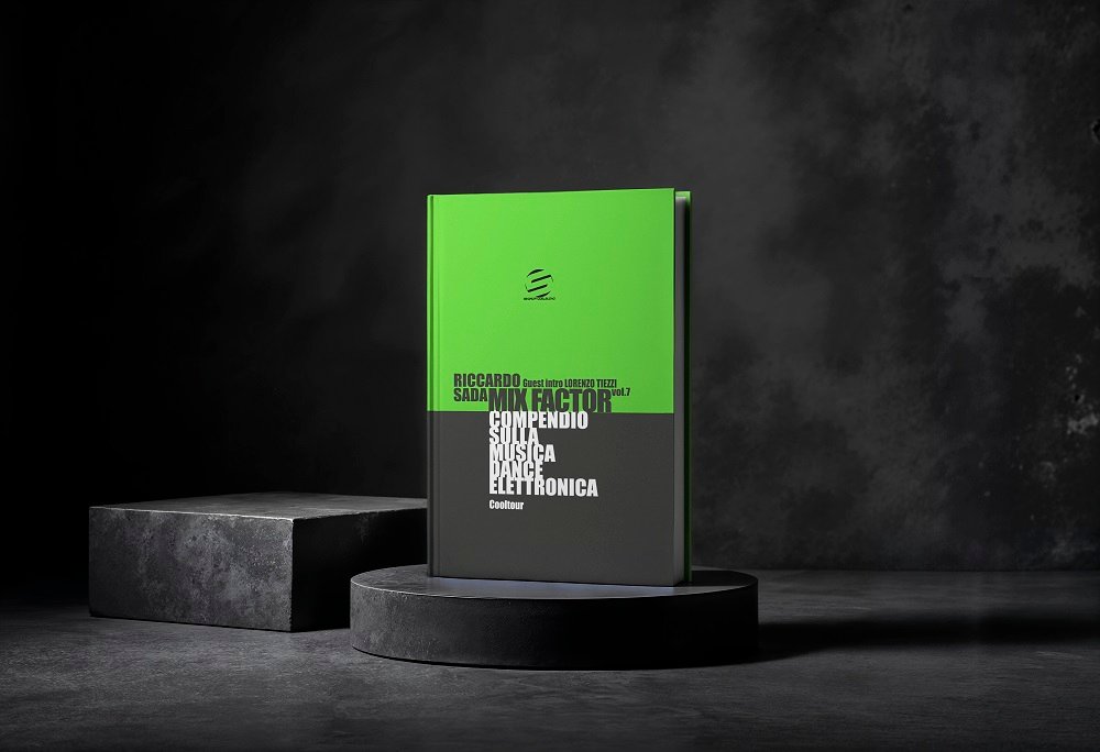Green and black hardcover book on a circular pedestal in a dark studio, showcasing 'Mix Factor' and music/dance content on the cover.