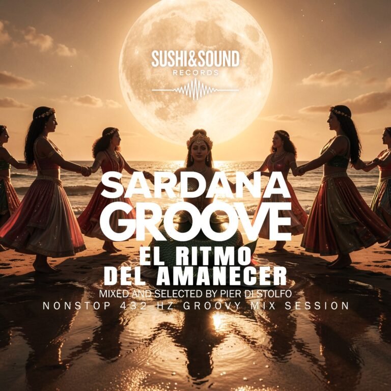 Poster of a beach-dance circle in colorful Sardana outfits, under a giant moon with the 'SUSHI&SOUND RECORDS' logo and 'SARDANA GROOVE' text overlaid.