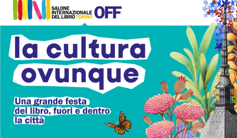 Poster for 'la cultura ovunque' festival with teal background, white cutout title, and colorful plants and butterfly.