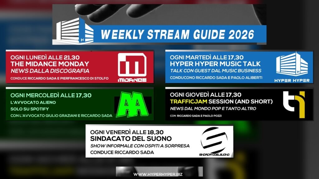 Promotional banners for a weekly music schedule with show titles and host names in Italian.