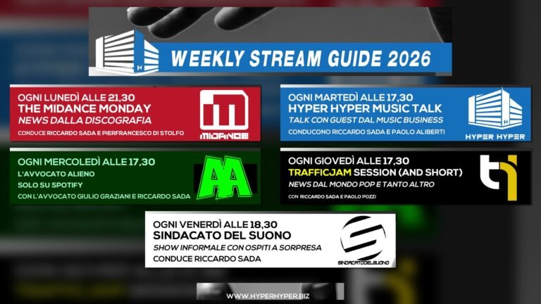 Promotional banners for a weekly music schedule with show titles and host names in Italian.