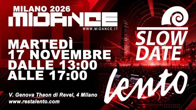 Promotional poster for Milano 2026 Midance: date Tue Nov 17, 13:00–17:00, at V. Genova Thaon di Revel 4, Milan; website www.restalento.com; bold white text on red/black background with 'lento' script motif.